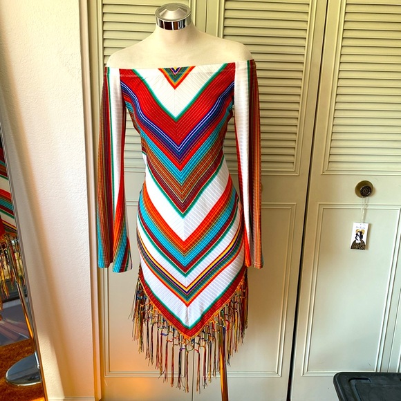 FOREVER 21 Boho Chevron Off Shoulder Fringe Dress - Picture 4 of 7